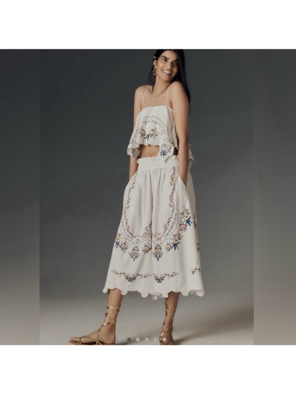 Anthropologie Cream Embroidered Culotes
